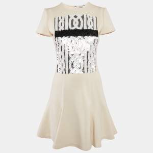 Christian Dior Cream Wool Sequin Embellished Flared Mini Dress S
