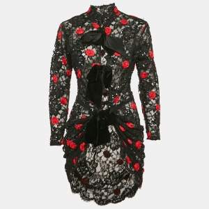 Pre Owned Dior Vintage Black Rose Applique Sequined Lace Bow Detail Short Dress M