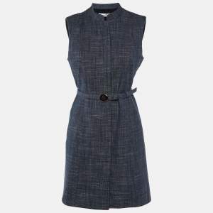  Dior Navy Blue Cotton Blend Belted Sleeveless Dress M