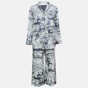 Dior White/Navy Blue Toile de Jouy Print Silk Pants & Top Set S