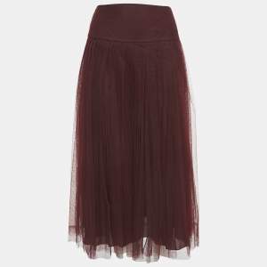 Dior Burgundy Dot Flock Print Tulle Pleated Midi Skirt S