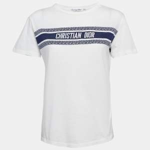 Pre Owned Christian Dior White Logo Intarsia Jersey T-Shirt S