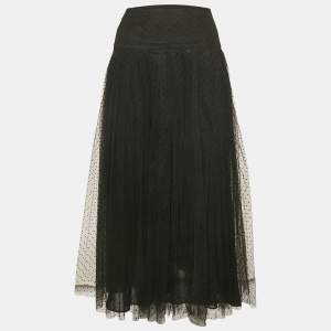 Dior Black Dotted Tulle Pleated Midi Skirt M