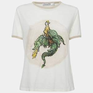 Dior Off-White Princess-Dragon Print Cotton Knit Top M