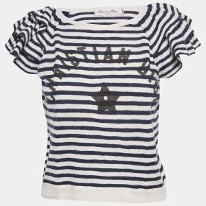 Christian Dior Blue Striped Linen Knit Ruffled Sleeve Top M