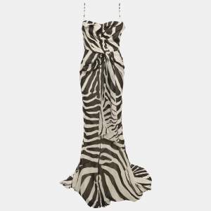 Pre Owned Christian Dior Black & White Printed Silk Draped Maxi Dress L