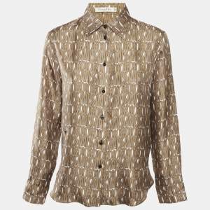 Pre Owned Dior Brown Logo Print Satin Silk Shirt M