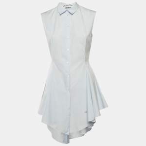 Christian Dior Blue Pinstripe Cotton Sleeveless Flared Shirt Dress M