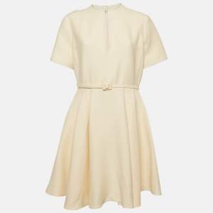 Christian Dior Cream Wool & Silk Crepe Pleated Belted Mini Dress XL