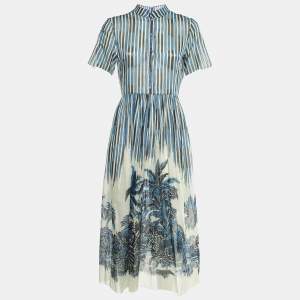 Pre Owned Dior Blue Striped Palm Print Cotton Midi Dress M
