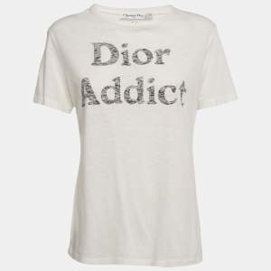 Pre Owned Christian Dior White Dior Addict Print Jersey Crewneck T-Shirt M