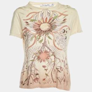 Dior Pale Yellow Flower Print Cotton & Linen Crew Neck T-Shirt S