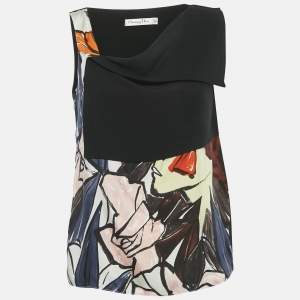 Pre Owned Christian Dior Black Printed Silk Blend Asymmetrical Detail Top M 