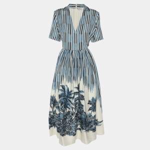Pre Owned Dior Blue Toile de Jouy Palm Print Silk Maxi Dress M
