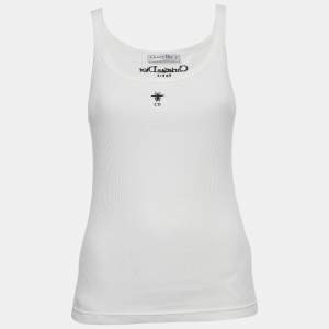 Pre Owned Dior White Logo Embroidery Cotton Rib Knit Tank Top S