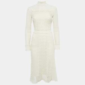 Pre Owned Dior Ecru White Patterned Cotton Blend Knit Midi Dress S