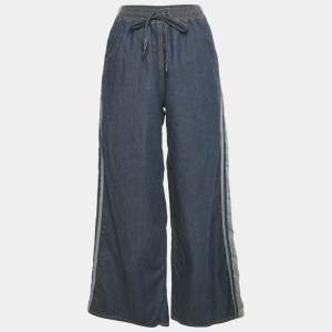 Pre Owned Dior Blue Denim Logo Panel Trimmed Wide Leg Pants S