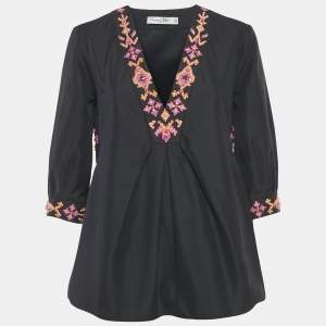 Pre Owned Christian Dior Navy Blue Embellished Cotton Silk Blouse M