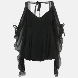 Pre Owned Christian Dior Black Silk Lace Trim Tie -Up Blouse M