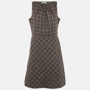 Pre Owned Christian Dior Brown Plaid Wool Flared Short Dress L