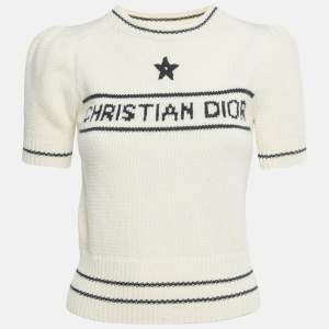Pre Owned Christian Dior Cream Logo Intarsia Virgin Wool Short Sleeve Top S