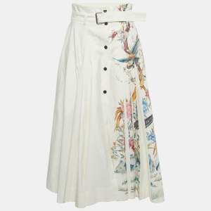 Pre Owned Christian Dior White Printed Cotton & Silk Pleated Midi Skirt M