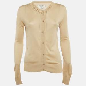 Pre Owned Christian Dior Boutique Beige Beaded Detail Silk Knit Cardigan S