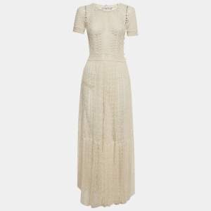 Pre Owned Christian Dior Cream Crochet and Lace Sheer Long Dress S