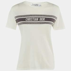 Pre Owned Christian Dior White /Navy Blue Logo Patterned Cotton Jersey T-Shirt M 