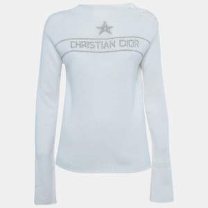 Pre Owned Dior Ivory Lurex Logo Intarsia Knit Sweater S