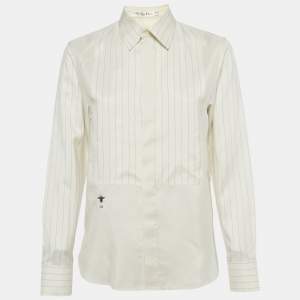 Pre Owned Dior Cream Striped CD Bee Embroidered Silk Shirt S