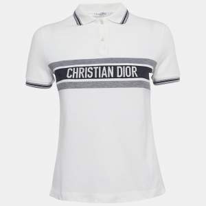 Pre Owned Christian Dior White/Blue Striped Logo Cotton Polo T-Shirt XS