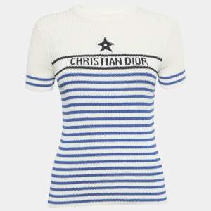 مملوكة مسبقًا Christian Dior Cream / Blue Logo Striped Knit Sweater Top L