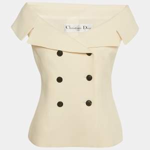 مملوكة مسبقًا توب كريستيان ديور صوف كريم مزدوج الصدر مقاس كبير (لارج)
