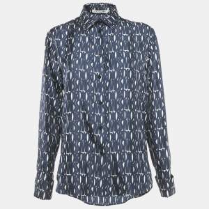 مملوكة مسبقًا Dior Navy Blue Printed Silk Shirt M