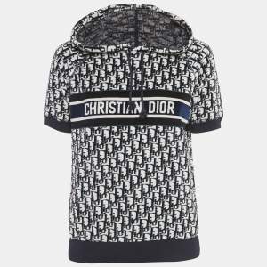 Pre Owned Christian Dior Blue/White Oblique Velvet Short Sleeve Hoodie S