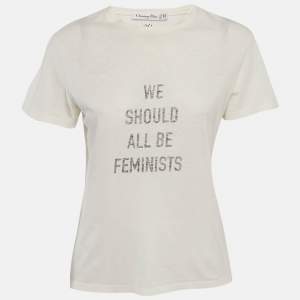 Pre Owned Christian Dior Off-White Printed Jersey T-Shirt XS