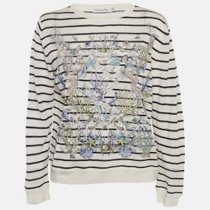 Pre Owned Christian Dior White Striped Linen & Cashmere Knit Sweater M
