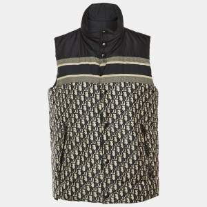 مملوكة مسبقًا Christian Dior Navy Blue Oblique Synthetic Reversible Puffer Vest Jacket XS
