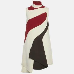 Pre Owned Christian Dior Cream/Red Wool Asymmetric Shift Dress S