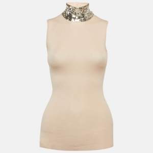 Pre Owned Christian Dior Pink Wool Sequin Mock Neck Top S