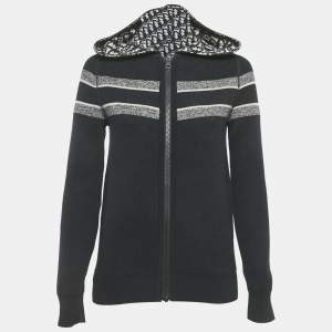 Pre Owned Christion Dior Navy Blue Wool Knit Oblique Reversible Zipped Cardigan S