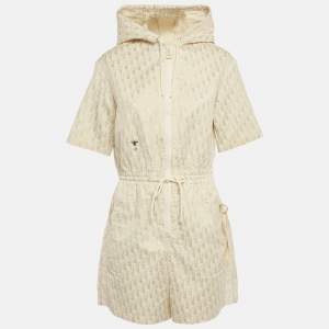 Pre Owned Christian Dior Off White/Gold Oblique Jacquard Hooded Playsuit L