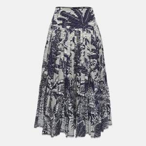 Pre Owned Christian Dior White/Blue Toile de Jouy Print Cotton Pleated Midi Skirt S