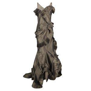 Dior Boutique Brown Pleated Ruffle Detail Sleeveless Tiered Evening Gown S