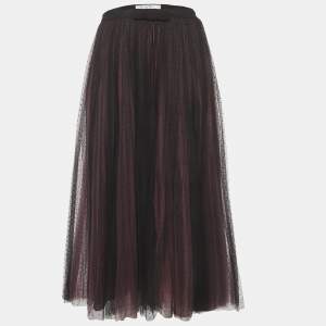 Pre Owned Christian Dior Black/Pink Polka Dots Silk & Mesh Midi Skirt M