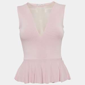 مملوكة مسبقًا Christian Dior Pink Tulle Trim Stretch Knit Peplum Top M