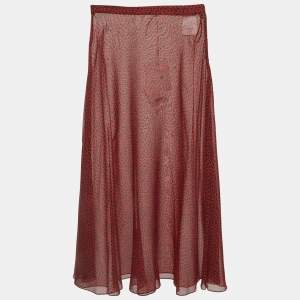 Pre Owned تنورة ميدي كريستيان ديور حرير بنقشة الفهد الأحمر متسعة مقاس صغير (سمول)