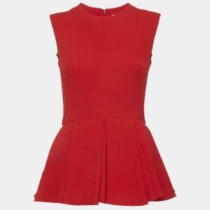 Pre Owned Christian Dior Red Wool Crepe Sleeveless Peplum Top M