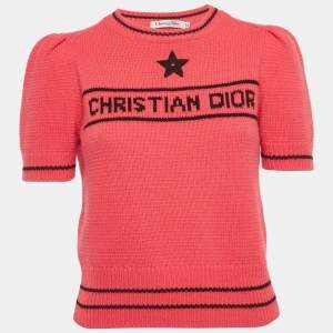Pre Owned Christian Dior Pink Logo Intarsia Knit Top S